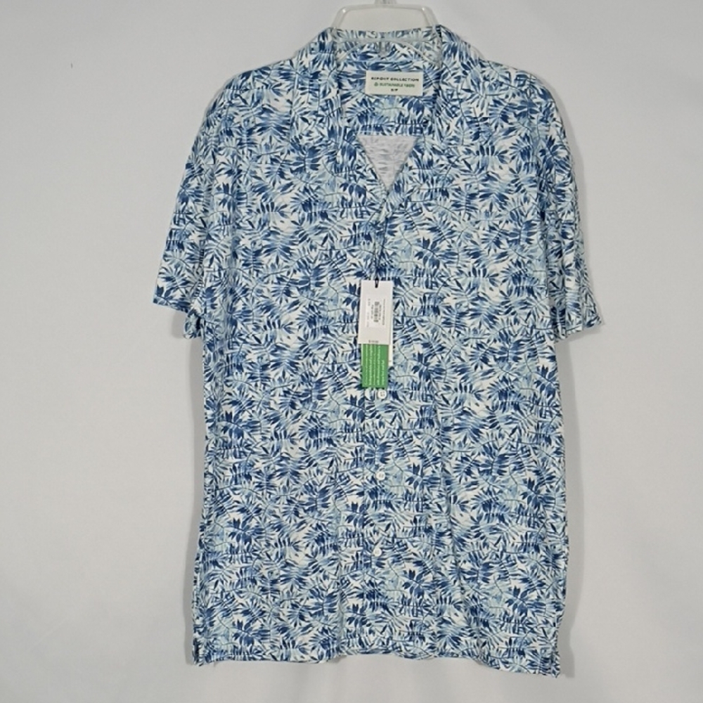 NWT Report Collection Light Blue Short Sleeve Cotton Print Camp Shirt Men Sz Sm